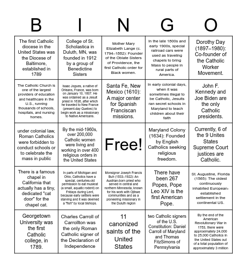 Catholic United States History Bingo Card