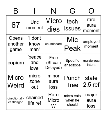 Micro No2 Stream Bingo Card