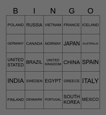 COUNTRIES Bingo Card