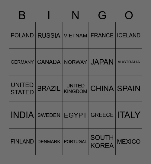 COUNTRIES Bingo Card