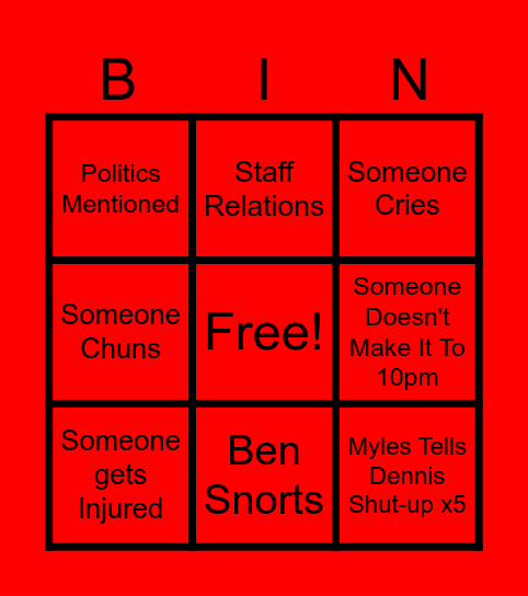 Staff Party Bingo Card