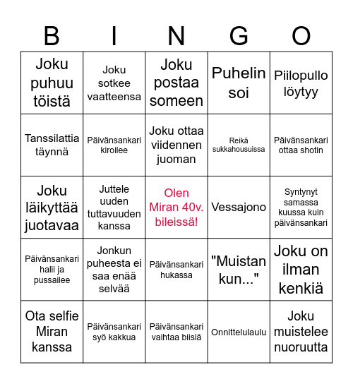 MIRAN 40V. SYNTTÄRIBINGO! Bingo Card