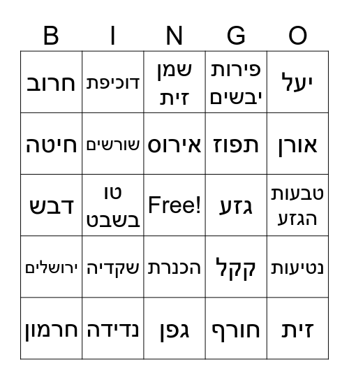 טו בשבט Bingo Card
