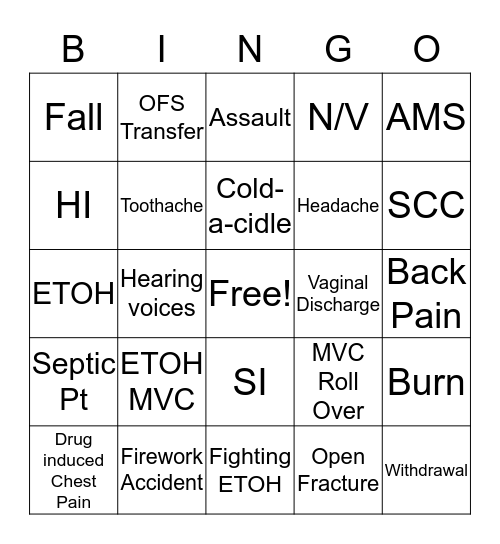 Emergency Bingo Card