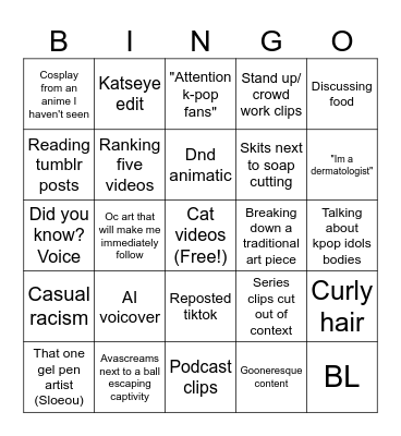 Shorts bingo Card