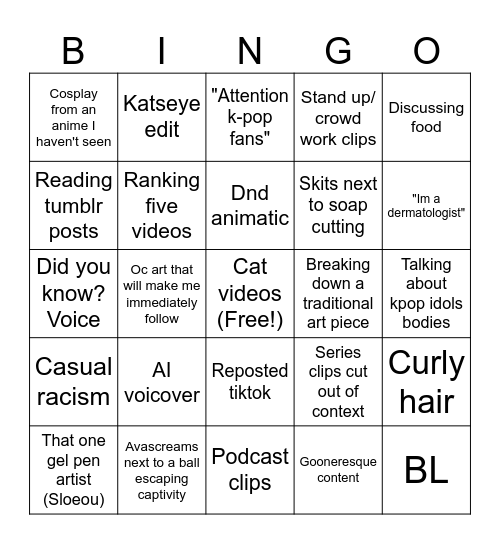 Shorts bingo Card