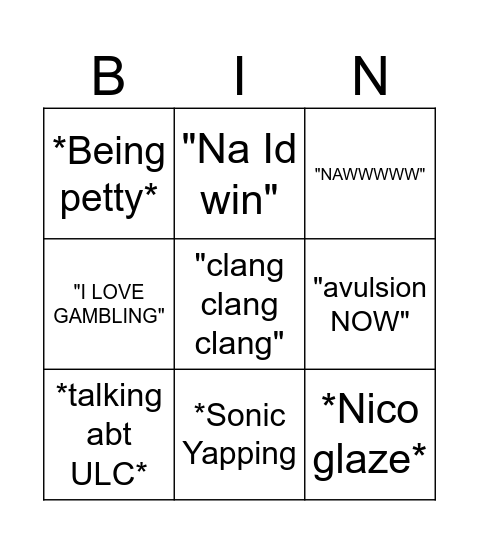 Colin Bingo Card