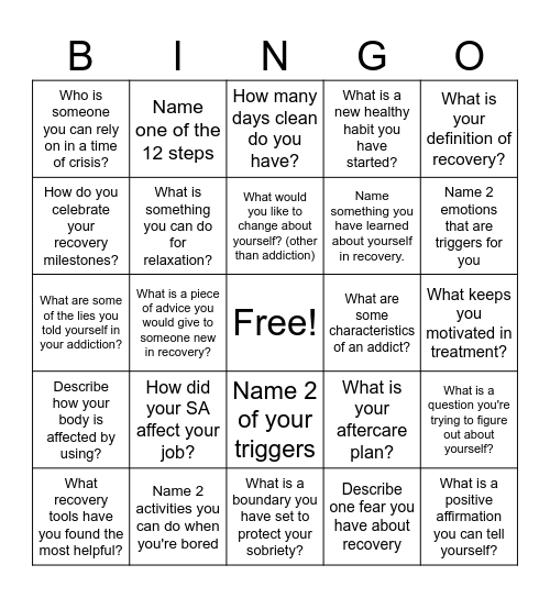 Recovery Bingo Card