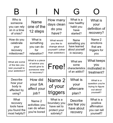 Recovery Bingo Card