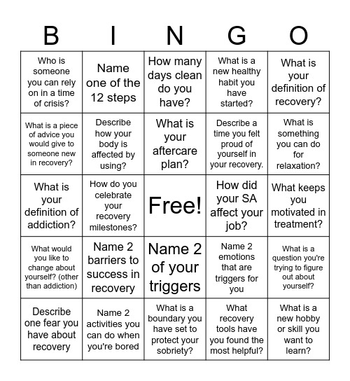 Recovery Bingo Card