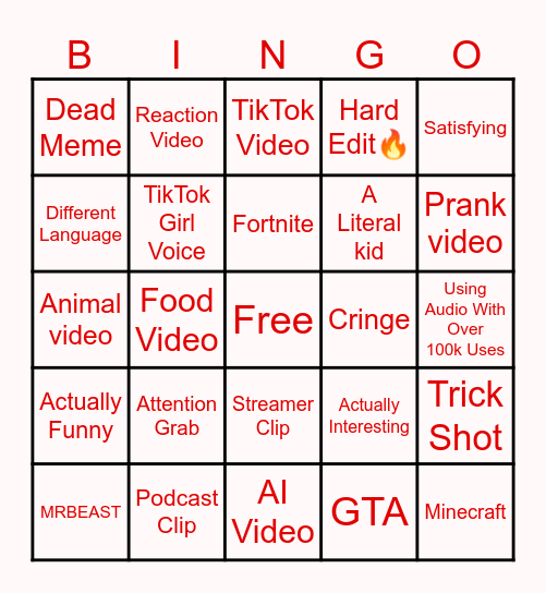 YouTube Shorts Bingo Card