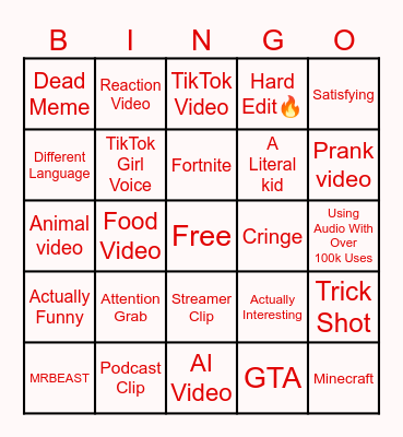 YouTube Shorts Bingo Card