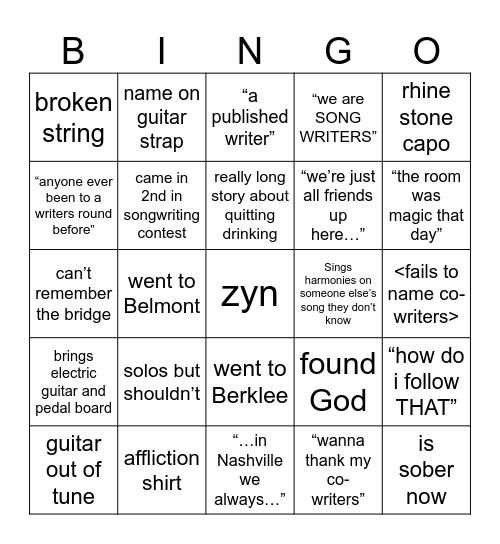 songwriter bingo 3 Bingo Card
