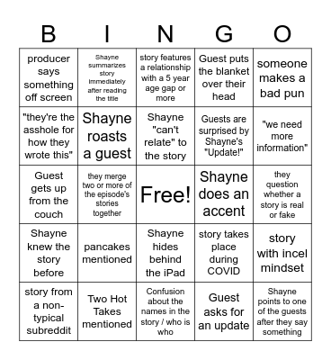 Smosh Reads Reddit Stories Bingo Card