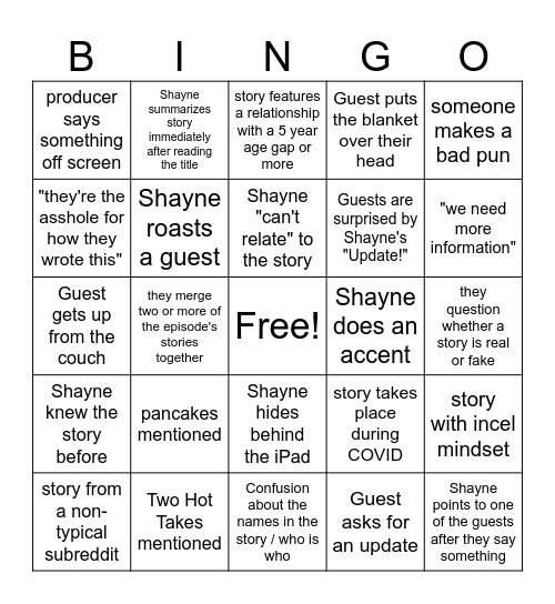Smosh Reads Reddit Stories Bingo Card