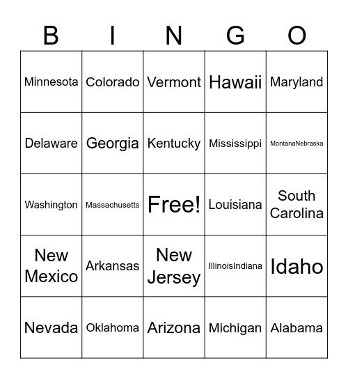 50 states Bingo Card