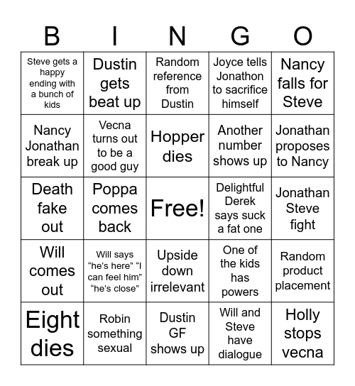 Stranger Tings Bingo Card