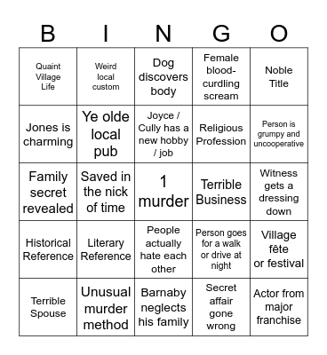 Midsumer Murders Jones Edition Bingo Card