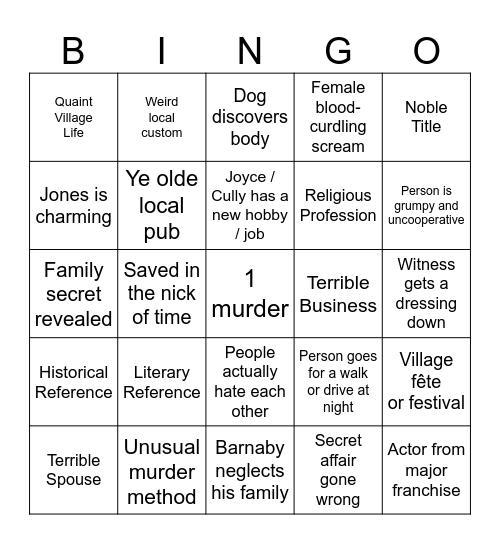 Midsumer Murders Jones Edition Bingo Card