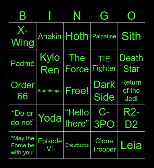 Star Wars Bingo Card