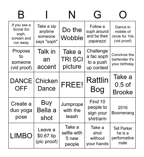 Soph Pub Bingo Card