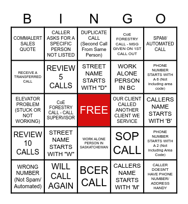 Call Center Bingo Card