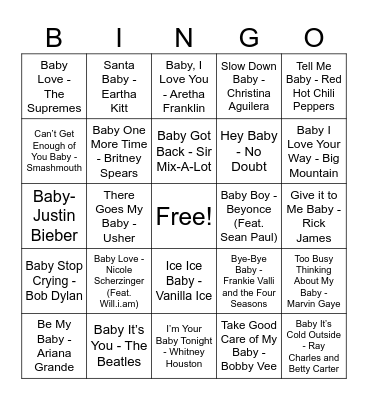 Baby Songs Bingo Card