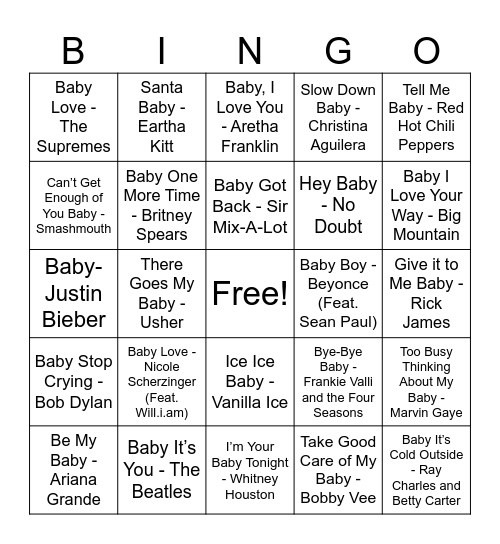 Baby Songs Bingo Card