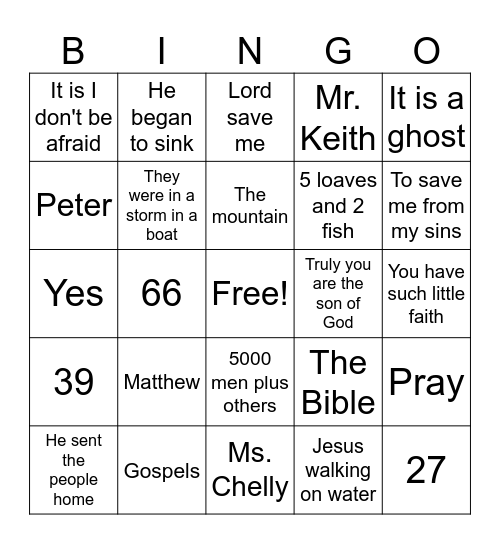Jesus walked on Water Bingo Card