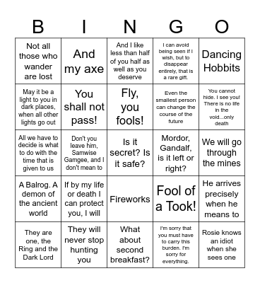 Lord of the Rings: Fellowship of the Ring Bingo Card