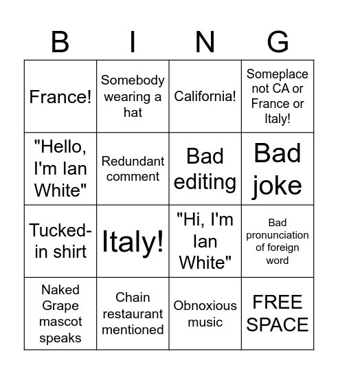 THE NAKED GRAPE Bingo Card
