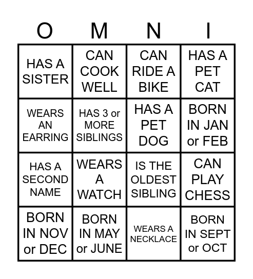 OMNI BINGO Card