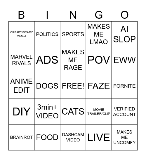 TIKTOK BINGO Card