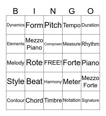 Music Vocabulary Bingo Card