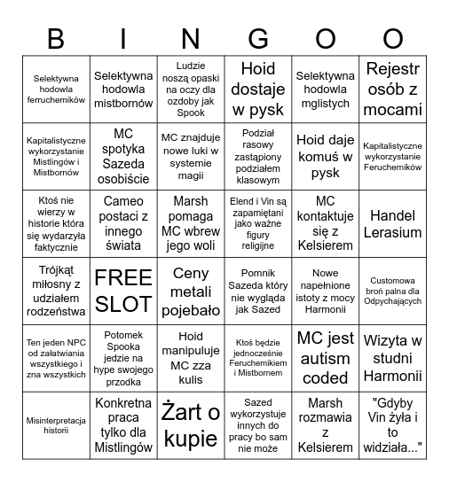 Mistborn 2 Era na ślepo przed czytaniem Bingo Card
