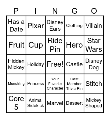 Disney Pin Trading Bingo Card