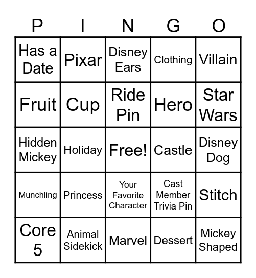 Disney Pin Trading Bingo Card