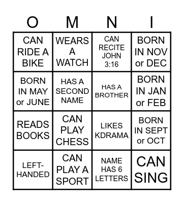 ONNI BINGO Card