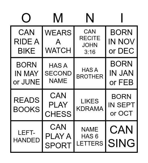 ONNI BINGO Card