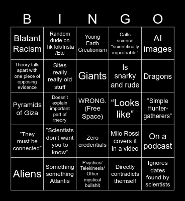 Archaeology Conspiracy Theorist Bingo Card