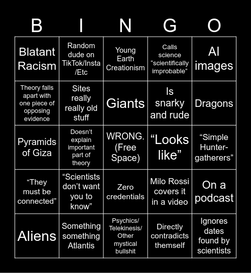 Archaeology Conspiracy Theorist Bingo Card