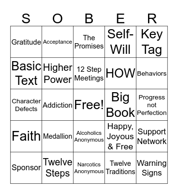 Recovery Bingo Card