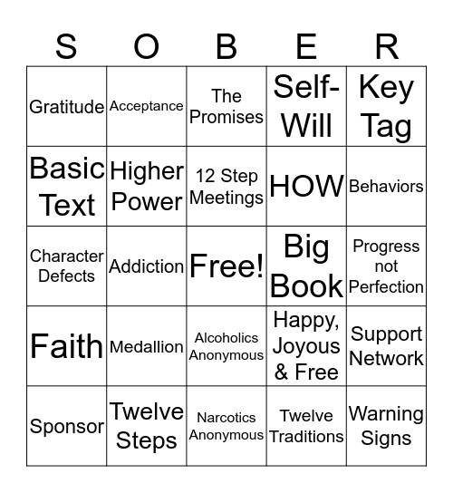 Recovery Bingo Card