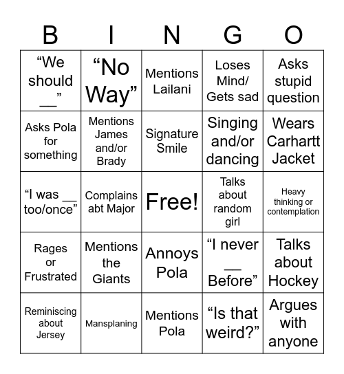The Card of TJ Bingo Card