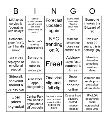 NYC Storm Bingo Card
