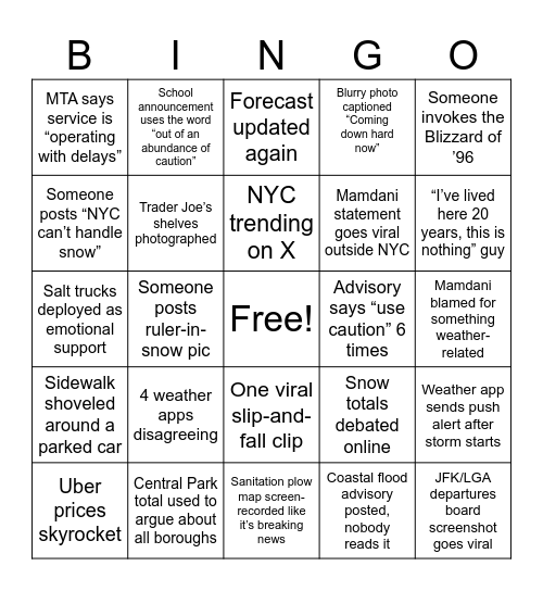 NYC Storm Bingo Card