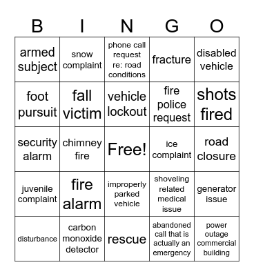 Sunday Snowmagedon Bingo - these can be calls taken or dispatched Bingo Card