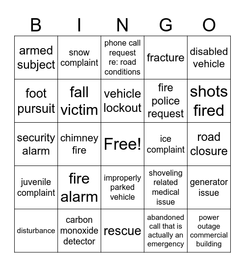 Sunday Snowmagedon Bingo - these can be calls taken or dispatched Bingo Card
