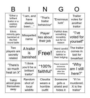 Traitors Bingo Card