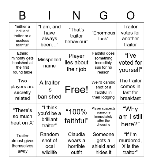 Traitors Bingo Card